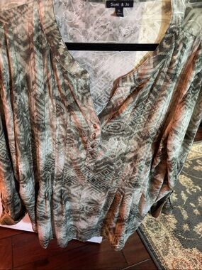 Sami & Jo Olive Green Patterned Henley Tunic Top